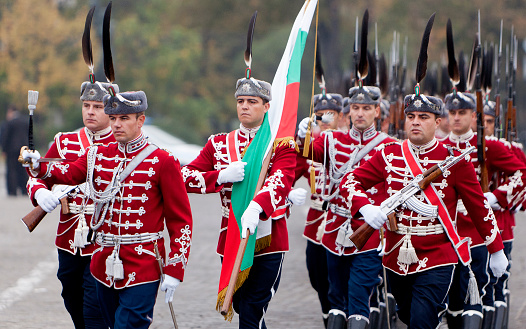 Sofia, Bulgaria - October 14, 2013: Guards of Honor march during an official ceremony in front of \