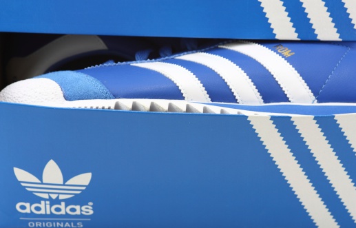 Azmir, Turkey - May 23, 2011:Adidas shoes in store window. Adidas AG is a German sports apparel manufacturer and parent company of the Adidas Group.