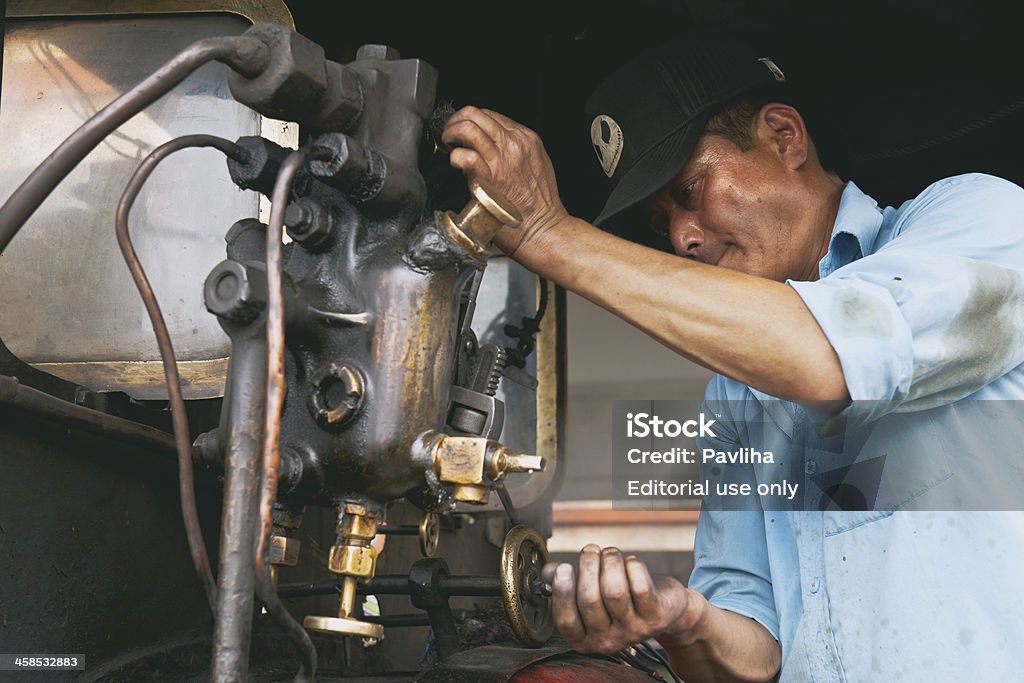 Driver de motor de vapor en tren de juguete antiguo en Darjeeling, India - Foto de stock de Locomotora libre de derechos