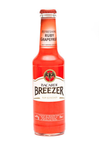 Ljubljana, Slovenia - May 29, 2011: A 275ml bottle of Bacardi Breezer, Ruby Grapefruit with 4% alcohol.Country of origin and packing - United Kingdom. Manufacturer - Bacardi Brown-Forman Brands, Kings Worthy, Winchester, SO23 7TW..