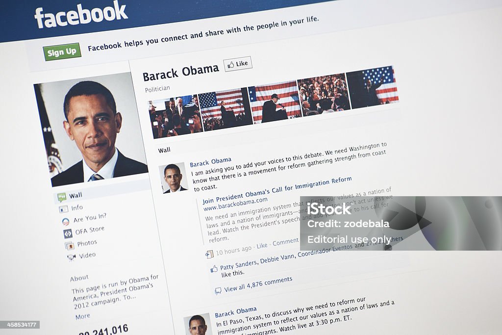 The President Barack Obama Page on Facebook.com Rome, Italy- May 11, 2011: Close up of the United States president Barack Obama page on facebook.com. Facebook is a social networking service and website launched in February 2004, operated and privately owned by Facebook, Inc. Barack Obama Stock Photo