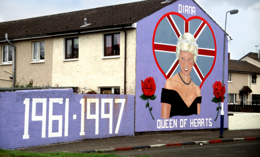 Belfast, Norther Ireland, UK - June 20th 2000: Tribute to Diana,  Princess of Wales (Lady Di), in a mural of the loyalist area of Ulster, painted over a heart-shaped Union Jack and flanked by two red roses, and the years of birthday and death. No Longer exists.