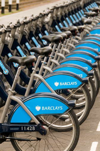 London, England - April 16, 2011: London's bicycle sharing scheme nicknamed Boris Bikes sponsored by Barclays Bank, launched in July 2010.