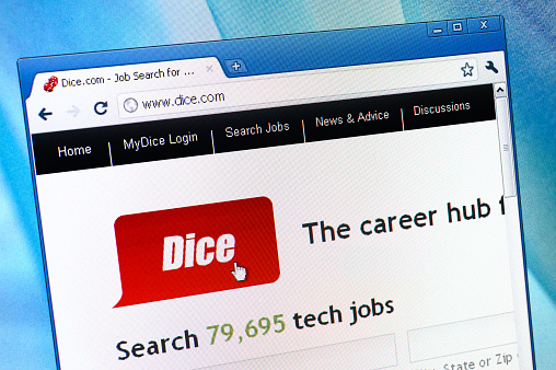 Izmir, Turkey - June 01, 2011: Close up of Dice main page on the web browser. Dice.com is a popular career website based in US.