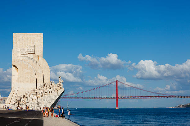 Monument of Discoverries and Golden Gate Bridge, Lisbon stock photo