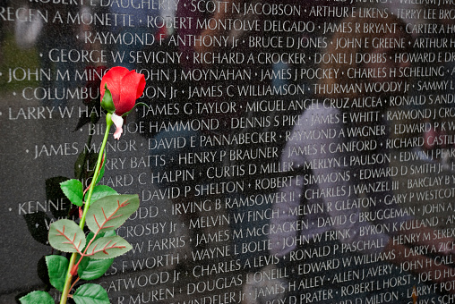 Washington DC, USA - April 9, 2008: A rose rests against a stone slab inscribed with names of the dead at the Vietnam Veterans Memorial. Visitors to the memorial are reflected in the stone.