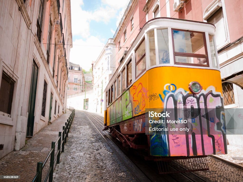 Lissabon-Straßenbahn Barrio Alto, Aufzug Elevador Da Glória, Portugal - Lizenzfrei Anhöhe Stock-Foto