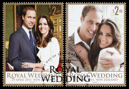 Sacramento, California, USA - April 25, 2011: Two 2011 New Zealand postage stamps commemorating the April 29, 2011 wedding of Prince William and Kate Middleton. The stamps contain engagement photographs of the royal couple taken by Mario Testino.