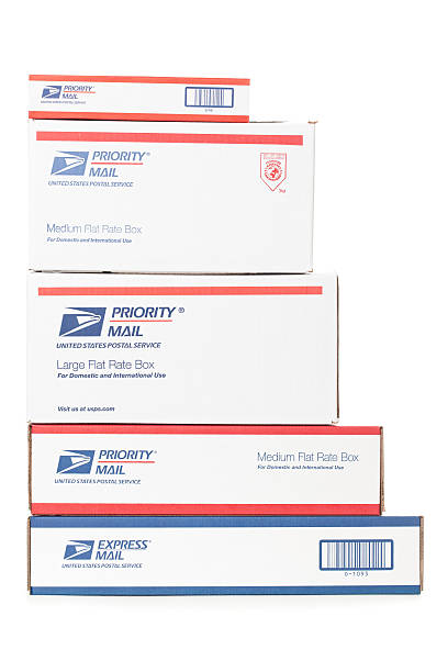 U.S. Postal Service Boxes Stacked Up Fort Worth, TX, USA - May 2, 2011: United States Postal Service (USPS) Boxes of various sizes stacked on top of one another. USPS delivery is operated by the United States government and ships and delivers express, priority and standard mail across the country and to other countries world-wide. united states postal service photos stock pictures, royalty-free photos & images