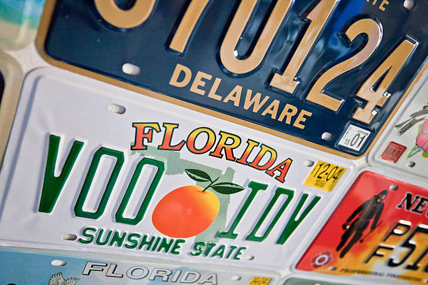 Florida License Plates United States, New York - June 25, 2011: Close up of Florida license plate and other license plates of various states on the outside wall of a gas station new york state license plate stock pictures, royalty-free photos & images