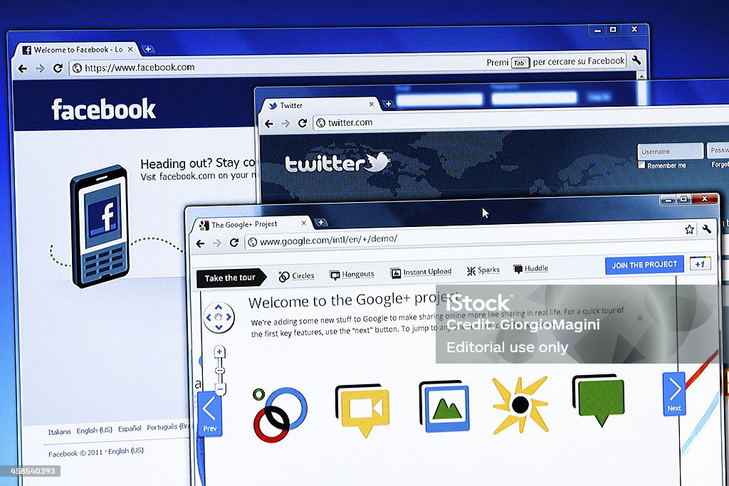 Facebook, Twitter, Google Plus-знаменитый Сайты социальных сетей - Стоковые фото Социальные сети основанные на изображениях роялти-фри