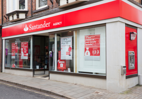 Market Drayton, Shropshire, UK - April 17th 2013. Santander frontage on high street in small market town