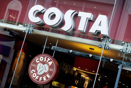 Liverpool, England - February, 19 2011: The sign of Costa Coffee caf&amp;amp;amp;amp;amp;amp;#233; in Liverpool. Costa Coffee is a coffee house company based in the United Kingdom founded in 1971 by Italian brothers Sergio and Bruno Costa.