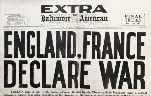 Baltimore, Maryland, USA - February 23, 2011: Front page extra edition headlines declaring the beginning of WWII, Sunday, September 3, 1939 in the Baltimore American newspaper. (This newspaper company no longer exists.)