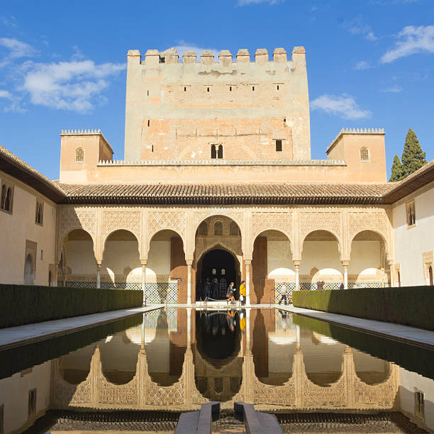 Alhambra's Generalife Courtyard, Tranquil Gardens and Iconic Architecture Under a Vibrant Blue Andalusian Sky
