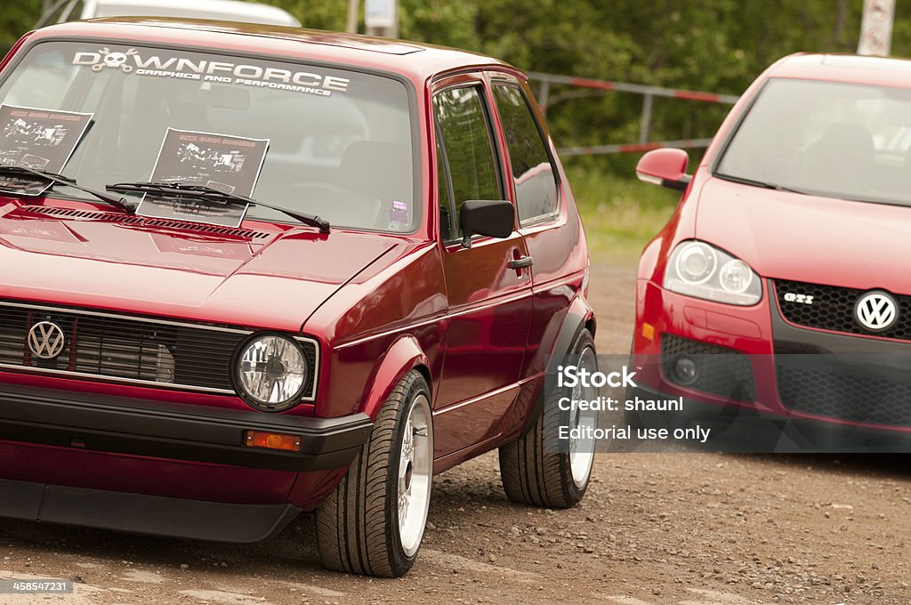 Volkswagens Dieppe, Canada - June 4, 2011: Customized mk1 Volkswagen Rabbit and mk5 Golf GTI coupes participating in the annual Maritime Volkswagen Owners Club (MVOC) rally and car show at Rotary Park. Volkswagen Golf Stock Photo