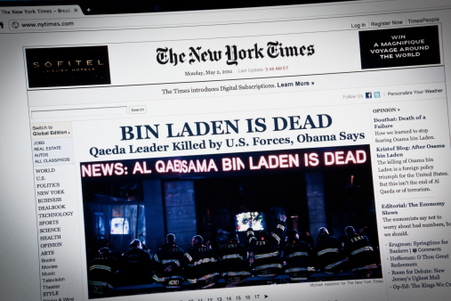 Milan, Italy - May 2, 2011: The news of the killing of Osama Bin Laden by the U.S. forces on the home page of The New York Times (the web browser is google chrome). Osama bin Mohammed bin Awad bin Laden was a member of the wealthy Saudi bin Laden family and the founder of the jihadist organization al-Qaeda, responsible for the September 11 attacks on the United States and numerous other mass-casualty attacks against civilian and military targets.