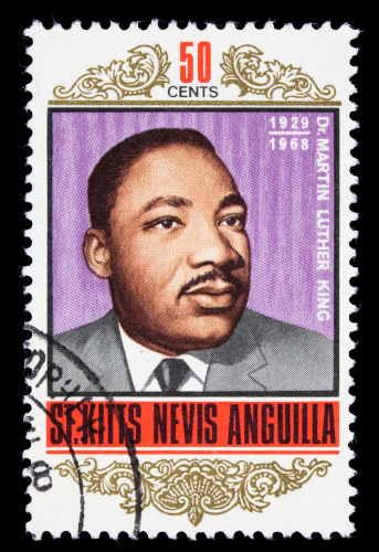Sacramento, California, USA - September 28, 2009: A 1968 St. Kitts and Nevis postage stamp with an image of Martin Luther King, Jr. Born in 1929, King was a leader in the US civil rights movement until his assassination in 1968.