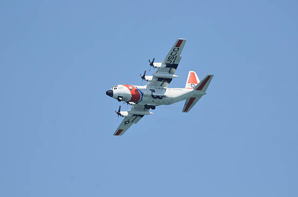 Tampa, Florida, USA - March 8, 2011: A United States Coast Guard HC 130 aircraft ready to land at MacDill Air Force Base in Tampa, Florida. HC 130 planes are used for surveillance, search and rescue.