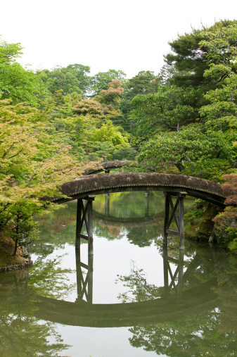 Kyoto, Japan - May 16, 2007: curved footpath bridge over lake in Katsura Imperial Villa in Kyoto, Japan