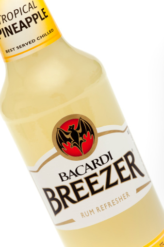 Ljubljana, Slovenia - April 28, 2011: A 275ml bottle of Bacardi Breezer, Tropical Pineapple with 4% alcohol.Country of origin and packing - United Kingdom. Manufacturer - Bacardi Brown-Forman Brands, Kings Worthy, Winchester, SO23 7TW..