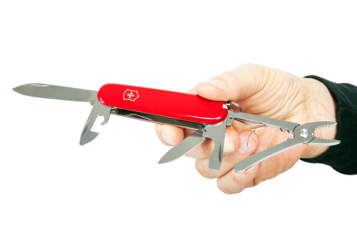 Cinnaminson,New Jersey, USA - April 23, 2011: Demonstration of a Swiss Army Knife. A Swiss Army knife is a type of multi-function pocket knife or multi-tool. It originated in Ibach Schwyz, Switzerland in 1897. The term \