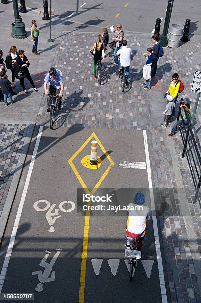Bicyclists And Pedestrians Along Busy Bike Lane West Side Nyc Stock Photo - Download Image Now