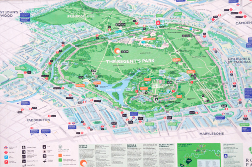London, England - March 20, 2011: A board showing a map of Regent's Park, London. The map is put up in each entrance of each Royal Park in the capital to help with directions.