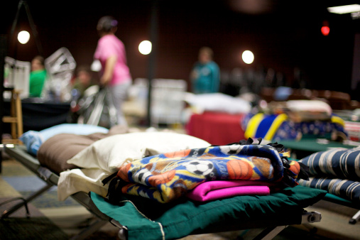 Joplin, United States - May 25, 2011: Public shelther cots where homeless residents stay only a few days following a destructive and deadly F5 tornado May 22, 2011
