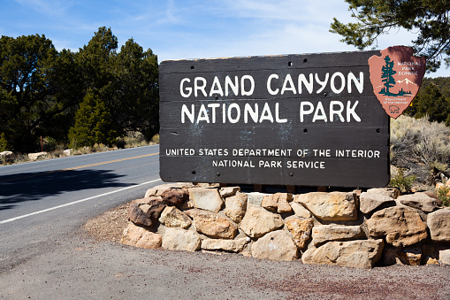 Grand Canyon National Park Sign.Grand Canyon National Park, Arizona, USA - March, 17 2009: the sign of the Grand Canyon National Park located on the South Rim.