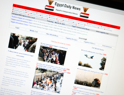 Florence, Italy - March 19, 2011: Close up of the www.egyptdailynews.com web pages show news for the egypt state. www.egyptdailynews.com egiaziano online is a web magazine that shows all the news from the country Egypt. The browser is Internet Explorer 8.