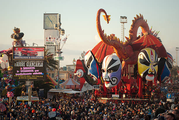 Viareggio, Italy - February 7, 2010: Carnival of Viareggio, carnival floats by unreal characters in the main street of Viareggio (Belvedere delle Maschere).  The Viareggio Carnival is considered one of the most important carnivals in Italy and Europe.
