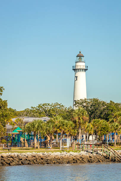 St. Simons Island Lighthouse and Playground II St. Simons Island, USA - October 9, 2013: Vacationers enjoy the watefront walkway and playground near the St. Simons Island lighthouse. saint simons island photos stock pictures, royalty-free photos & images