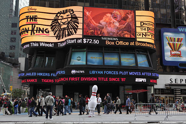 New York, NY, USA - September 17, 2011: Video display on the exterior of the ABC News studio at 44th Street and Broadway in Times Square advertising The Lion King, a Broadway theater production. Good Morning America, a popular TV news program, is produced at this studio. News updates are displayed in the ticker bands below the windows. Times Square Studio is owned by The Walt Disney Company, a media and entertainment conglomerate, which also owns ABC News.