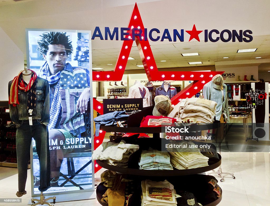 Window display in a clothing store San Francisco, USA - May 23, 2013: Window display in a clothing store, showing American icons campaign, denim and supply by Ralph Lauren. Macy's Stock Photo