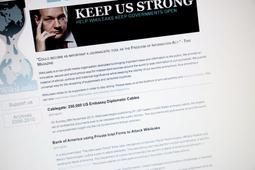 Lecce, Italy - April 7, 2011: WikiLeaks website screenshot. WikiLeaks is a non-profit media organization dedicated to bringing important news and information to the public. Julian Assange is the main spokesman for WikiLeaks.