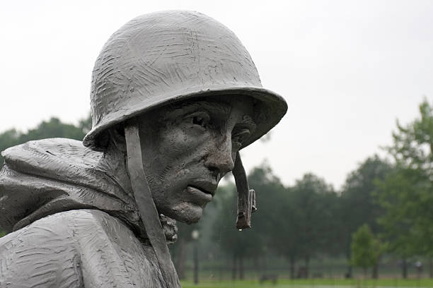 Washington DC, United States of America - June 20, 2009: Close-up of the face of the statue of a soldier,  (part of Korean War Veterans Memorial) on a rainy summer day in Washington DC