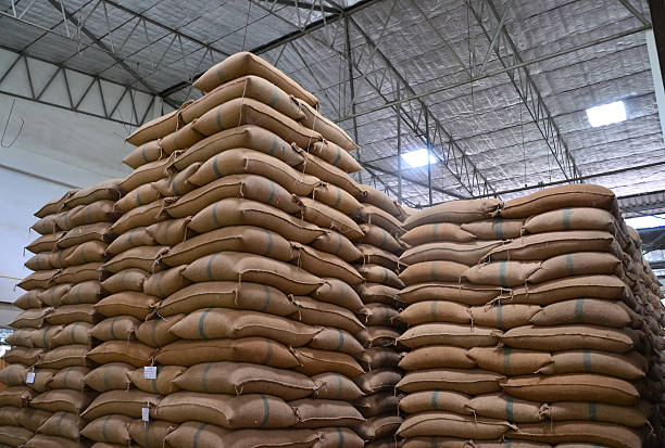 Hemp sacks stacked high in a large warehouse hemp sacks containing rice rice cereal plant photos stock pictures, royalty-free photos & images