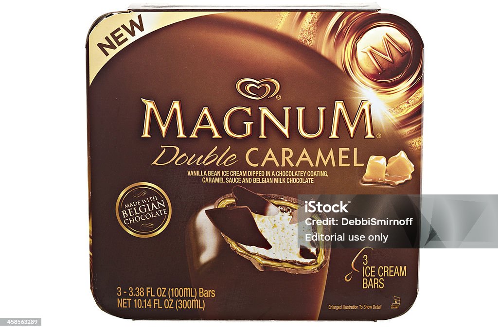 Magnum  Double Caramel Chico, California, USA - May 22, 2011 : A close up of a brown cardboard box containing 3-3.38 FL OZ of Magnum Double Caramel,chocolate covered ice cream bars. Magnum is a brand of the Unilever Corporation. Belgian Culture Stock Photo