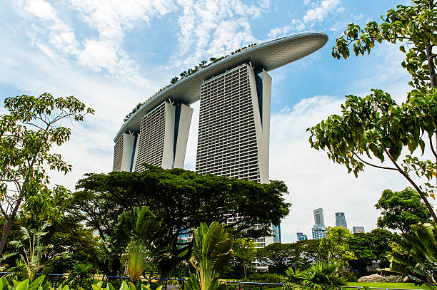 Singapore, Singapore - October 07, 2013: Landmark of Singapore's Marina Bay - 57-storey hotel Marina Bay Sands featuring three towers connected by cruiseship-looking teracce on the roof