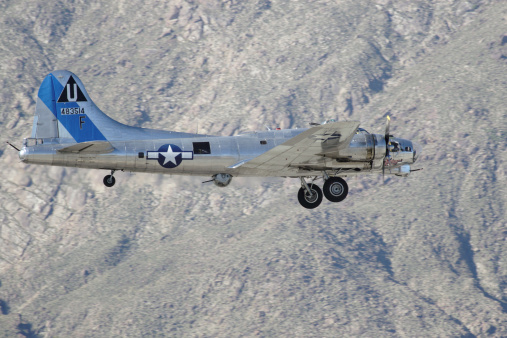 Palm Springs, United States - February 1, 2011: Restored Boeing B-17 Flying Fortress, Sentimental Journey, taking off on a fund raising flight during it\\'s spring U.S. tour.