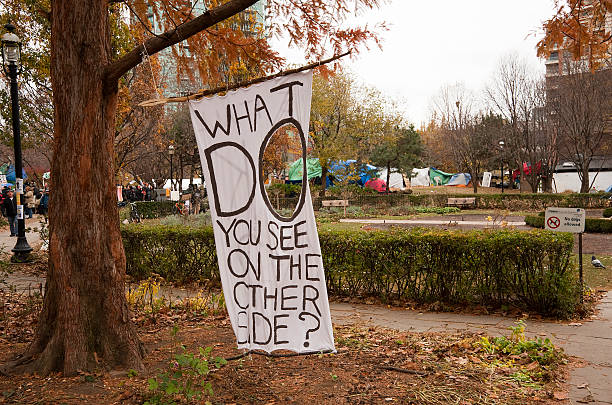 Toronto, Canada - November 22, 2011: Protestors signage in St. James Park in Toronto at the end of the Occupy Toronto demonstrations.