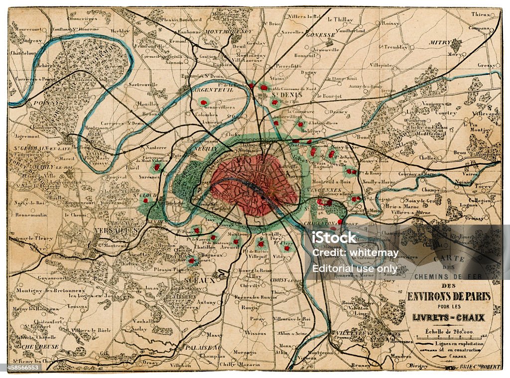 19° secolo francese di ferrovia mappa area intorno a Parigi - Foto stock royalty-free di Carta geografica