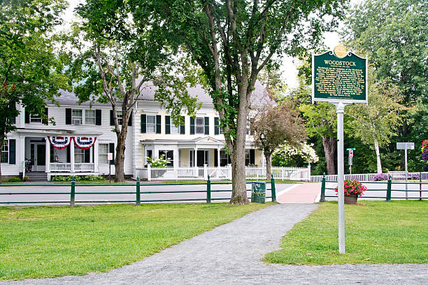Historical marker on Woodstock town green, Vermont stock photo