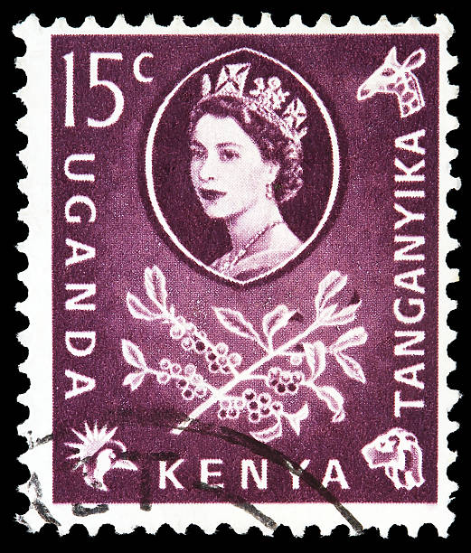 Vilnius, Lithuania - May 27, 2013: Post stamp from East Africa, Elizabeth II Queen Great Britain and branch with coffee berries and leaves, circa 1954