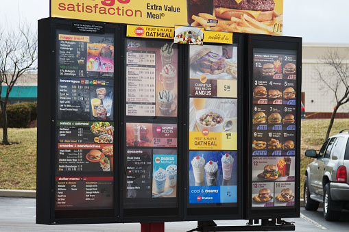 Liberty Township, Ohio, USA - February 25, 2011 : McDonald\\'s Drive thru menu. McDonald\\'s is the world\\'s largest fast food hamburger chain and serves people worldwide