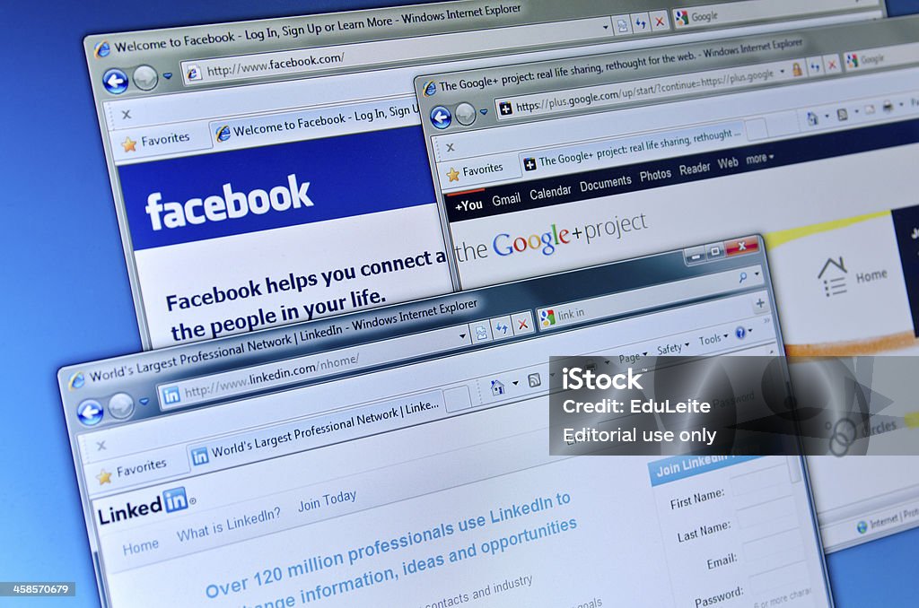 Facebook, Google y LinkedIn - Foto de stock de Comunicación libre de derechos