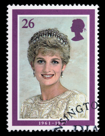 Sacramento, California, USA - April 12, 2008:  A 1998 Great Britain postage stamp with a portrait of Princess Diana wearing a Tiara. The postage stamp is one of a series of five issued on February 3, 1998, to memorialize Diana, Princess of Wales, who died in a tragic auto accident in 1997. The photo used on the stamp was taken by photographer Lord Snowdon; the stamp was designed by Barry Robinson.