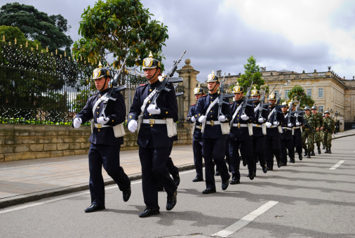 Bogota, Colombia - May 28, 2009: Ceremonial and presidential guards march past the Presidential Palace in the Colombian capital