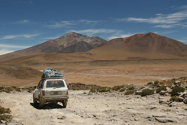 Crossing the Bolivian Altiplano in a 4x4 stock photo